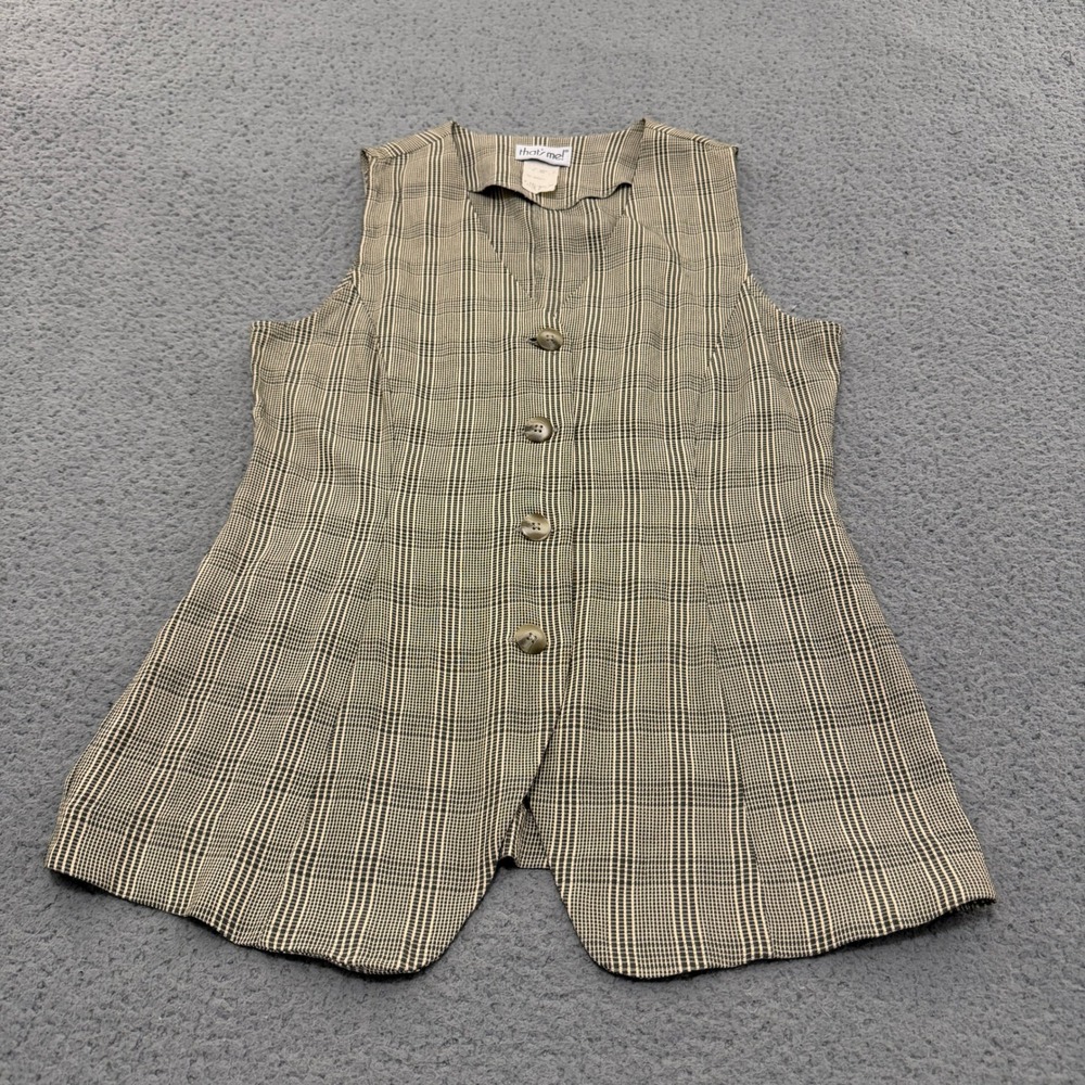 Vintage Thats Me Plaid Longline Vest Womens Size 9/10 Tan Black V-Neck